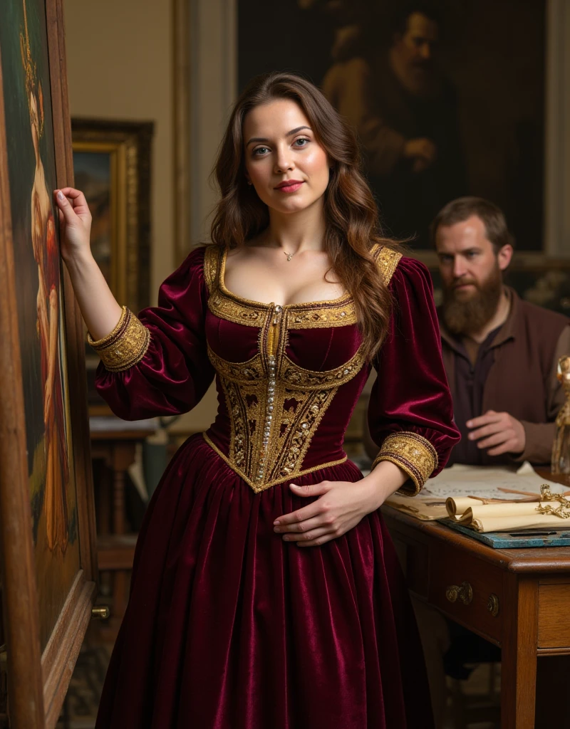 A beautiful woman with an hourglass figure, wearing an exquisite Renaissance gown adorned with intricate embroidery and jewels. The dress is made from deep burgundy and gold velvet, accentuating her voluptuous chest and narrow waist, with a high collar and delicately puffed sleeves. Her long, wavy chestnut hair cascades down her back, with loose tendrils framing her face, bringing out her large, captivating blue eyes and soft, full lips. She stands beside a large, partially completed painting on an easel, her hand resting gently on the wooden frame as she gazes confidently at the camera. In the background, a bearded man in Renaissance clothing (Leonardo da Vinci) can be seen working on sketches at his cluttered wooden desk, surrounded by parchment scrolls, scientific instruments, and models. The lighting is soft and natural, casting warm shadows that highlight the woman’s features and the textures of the room, creating a classic, painterly atmosphere reminiscent of Renaissance masterpieces.