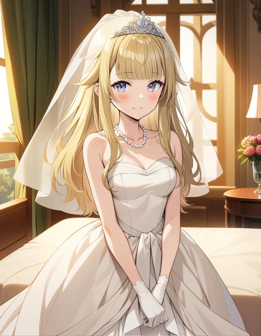 (((Best quality))),((Ultra-detailed)(((Best quality))), ((Ultra-detailed)), ((illustration)), ((Disheveled hair)), ((frilld)), (1 girl),(Solo), 
1girl, bare shoulders, bed, blush, bridal veil, canopy bed, curtain grab, curtains, dress, gloves, indoors, jewelry, looking at viewer, necklace, pearl necklace, smile, solo, tiara, veil, wedding dress, window, blonde hair,grey eyes,