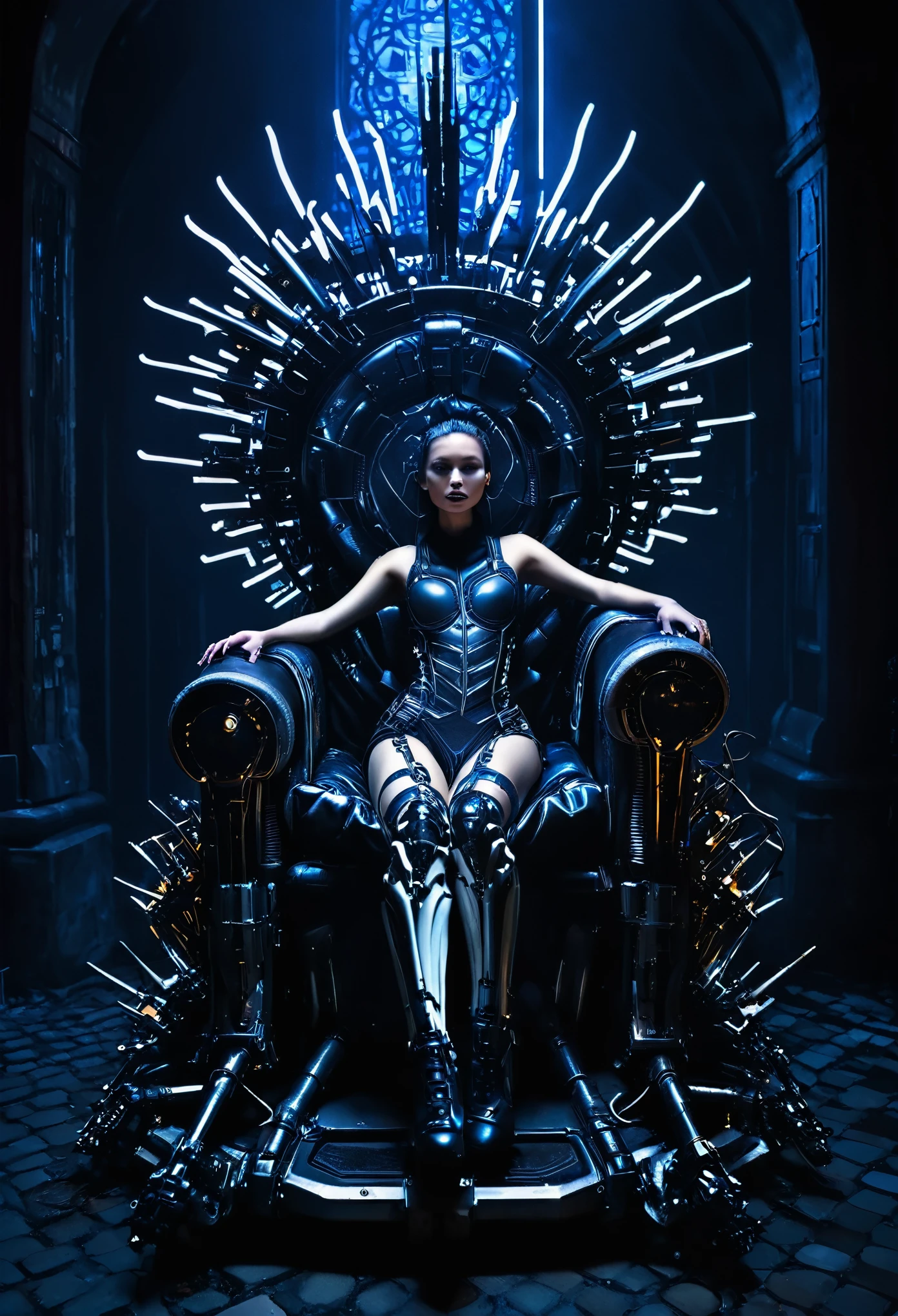 Gothic cyberpunk woman lounging on a throne constructed from bones and high-tech mechanical components, enveloped by moody ambient lighting, chiaroscuro intensifying the contrasts between shadow and light, hyper-realistic digital photography, cybernetic implants glisten with a metallic sheen, throne situated in a dimly lit, decrepit urban space, detailed texture of both bone and technology evident, clothing integrated with futuristic elements, atmosphere steeped