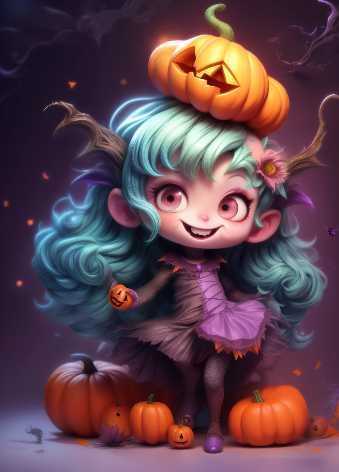 a smiling cute monster boy, adorable monster boy, halloween monster, spooky cute monster, whimsical monster, monstrous creature, monster boy with large eyes, monster girl with colorful hair, monster girl in a playful pose, monster boy with a friendly expression, playful monster, cute monster character, vibrant colors, pastel colors, soft lighting, fantasy art, digital painting, artstation quality, 8k, highly detailed, intricate details, clean lines, smooth shading, painterly style, happy halloween