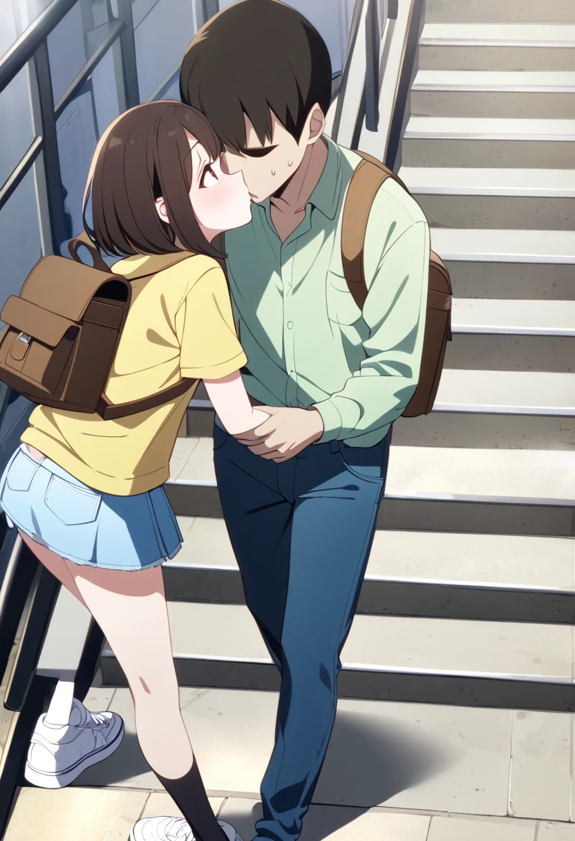 Best Quality、 1 、Shiny Hair、Dark brown hair、 short bob、Brown eyes、 yellow shirt、 denim miniskirt、 White Panties 、Black socks、 white sneakers、brown backpack 、Housing complex stairs、 Strange Face、(one men、A man standing behind a girl, kissing her)