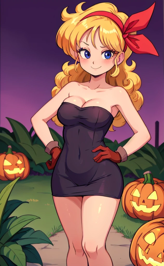 ((masterpiece, best quality)), insaneres, absurdres, solo, looking at viewer, BlondeHair_BadLaunch_ownwaifu, 1girl, long hair, blonde hair, curly hair, hair ribbon, blue eyes, medium breasts, red hairband, eyelashes, bangs, cleavage, bare shoulders, black gloves, a orange strapless tube dress, collarbone, outdoors, depth of field, a garden with pumpkins, on Halloween night, purple skies, hand on hip, smile