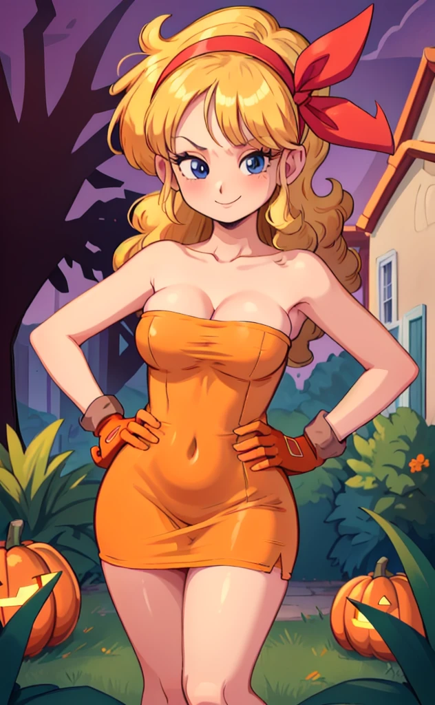 ((masterpiece, best quality)), insaneres, absurdres, solo, looking at viewer, BlondeHair_BadLaunch_ownwaifu, 1girl, long hair, blonde hair, curly hair, hair ribbon, blue eyes, medium breasts, red hairband, eyelashes, bangs, cleavage, bare shoulders, black gloves, a orange strapless tube dress, collarbone, outdoors, depth of field, a garden with pumpkins, on Halloween night, purple skies, hand on hip, smile