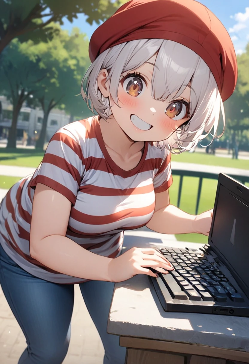 one girl, light skin, typing, chubby, very short hair, white hair, brown eyes, smile, striped t shirt, red cap, jeans, playing outside, park background, daytime, looking at viewer, excited