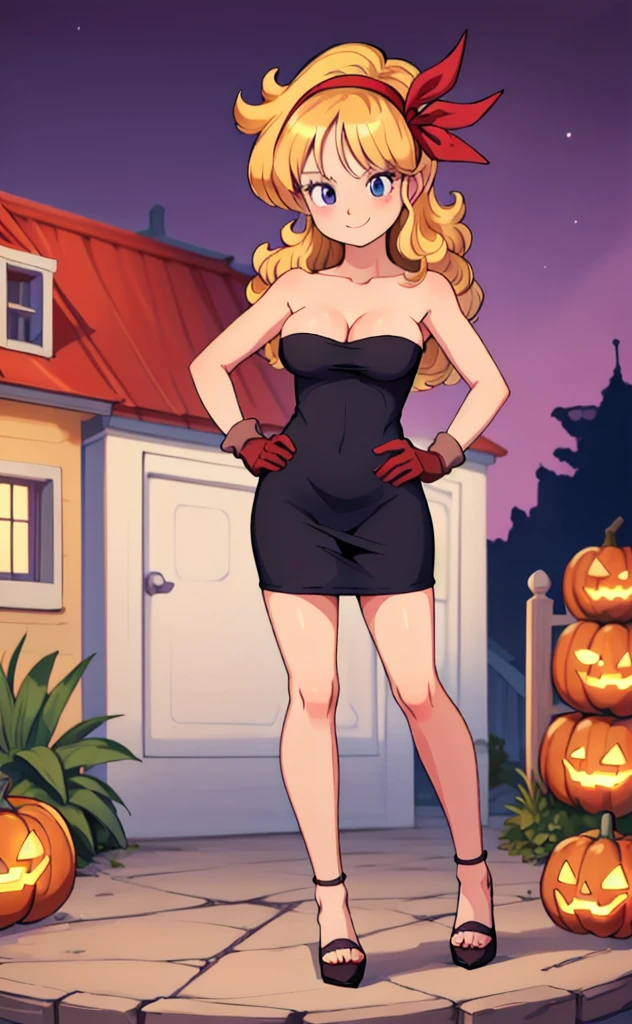 ((masterpiece, best quality)), insaneres, absurdres, solo, looking at viewer, BlondeHair_BadLaunch_ownwaifu, 1girl, long hair, blonde hair, curly hair, hair ribbon, blue eyes, medium breasts, red hairband, eyelashes, bangs, cleavage, bare shoulders, black gloves, a black strapless tube dress, collarbone, outdoors, depth of field, a garden with pumpkins, on Halloween night, purple skies, hand on hip, smile, black high heels, full body
