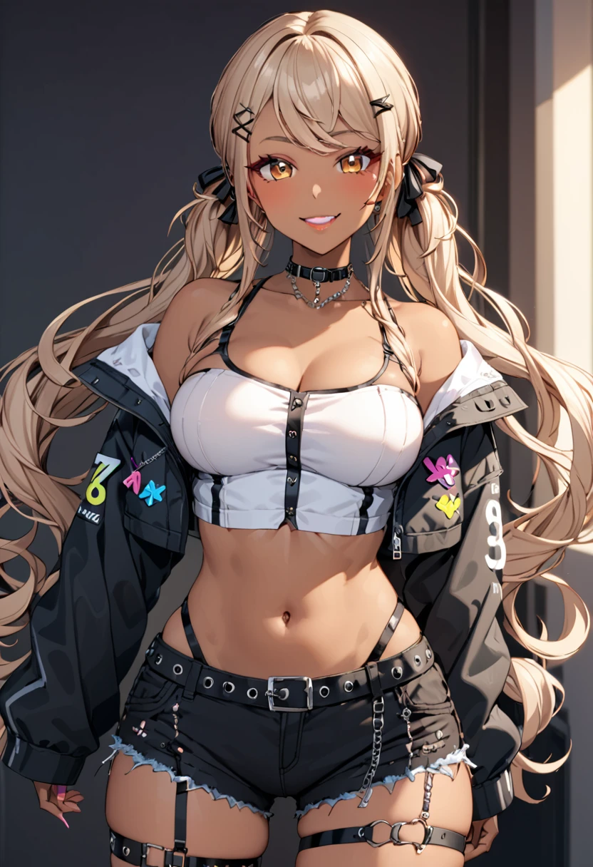 score_9, score_8_up, score_7_up, (masterpiece, best quality), Intricate details, indirect lighting, 
upper body, (Focus on the breasts),  looking at viewer, standing, 1girl, medium breasts, 
BREAK
gyaru, ((dark skin)), long hair, low twintail, hair ribbon, hairclip, choker, cropped jacket, black jacket, white shirt, midriff, black shorts, thigh strap, smile