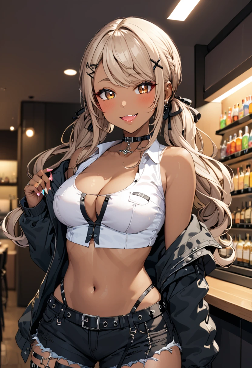 score_9, score_8_up, score_7_up, (masterpiece, best quality), Intricate details, indirect lighting, 
upper body, (Focus on the breasts),  looking at viewer, standing, 1girl, medium breasts, 
BREAK
gyaru, ((dark skin)), long hair, low twintail, hair ribbon, hairclip, choker, cropped jacket, black jacket, white shirt, midriff, black shorts, thigh strap, smile