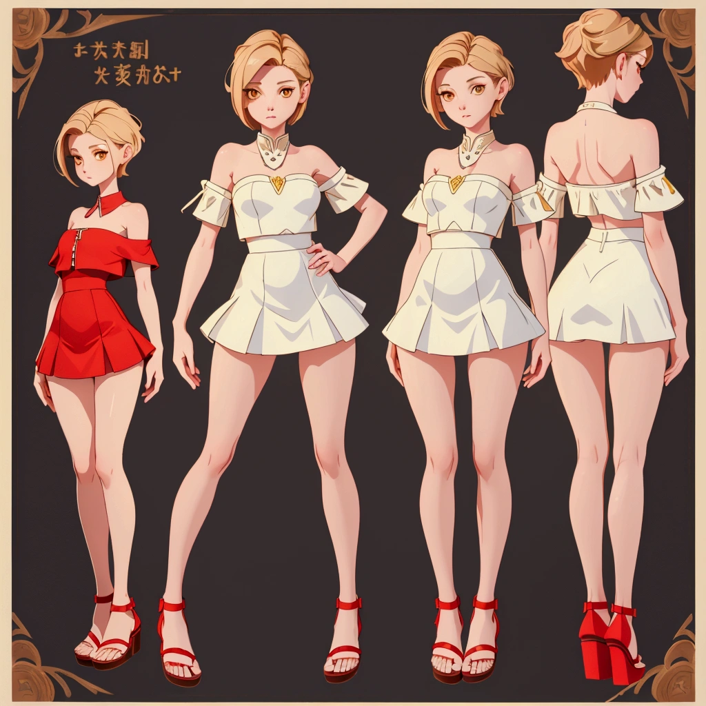 (( High resolution ,  tall details , High quality,  masterpiece )), 1 woman,  white skin, big yellow eyes,  short hair , limp, chestnut, long legs, short strapless and low-cut top, white color,  short blue skirt ,  red sandals ,(( full body view )).