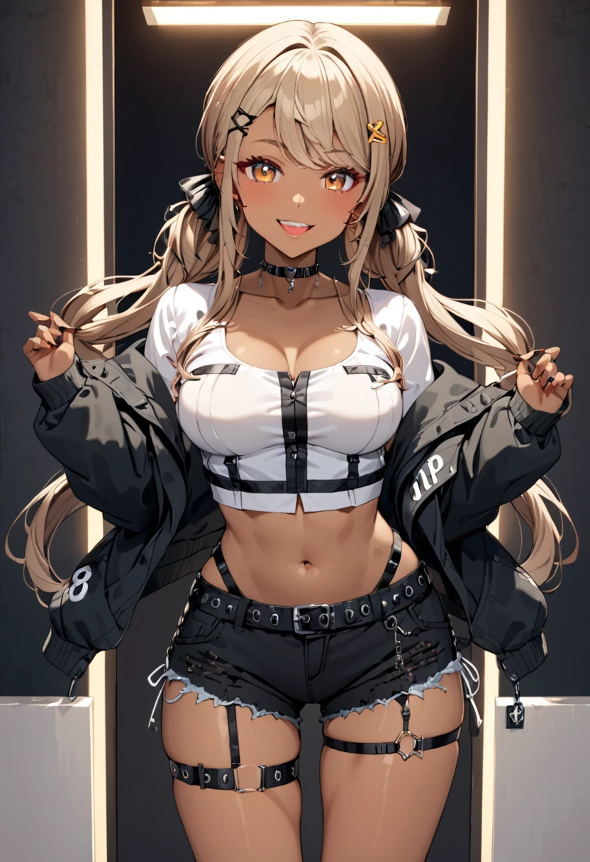 score_9, score_8_up, score_7_up, (masterpiece, best quality), Intricate details, indirect lighting, 
whole body, looking at viewer, standing, 1girl, medium breasts, 
BREAK
(gyaru:0.8), ((dark skin)), long hair, low twintail, hair ribbon, hairclip, choker, cropped jacket, black jacket, white shirt, midriff, black shorts, thigh strap, smile