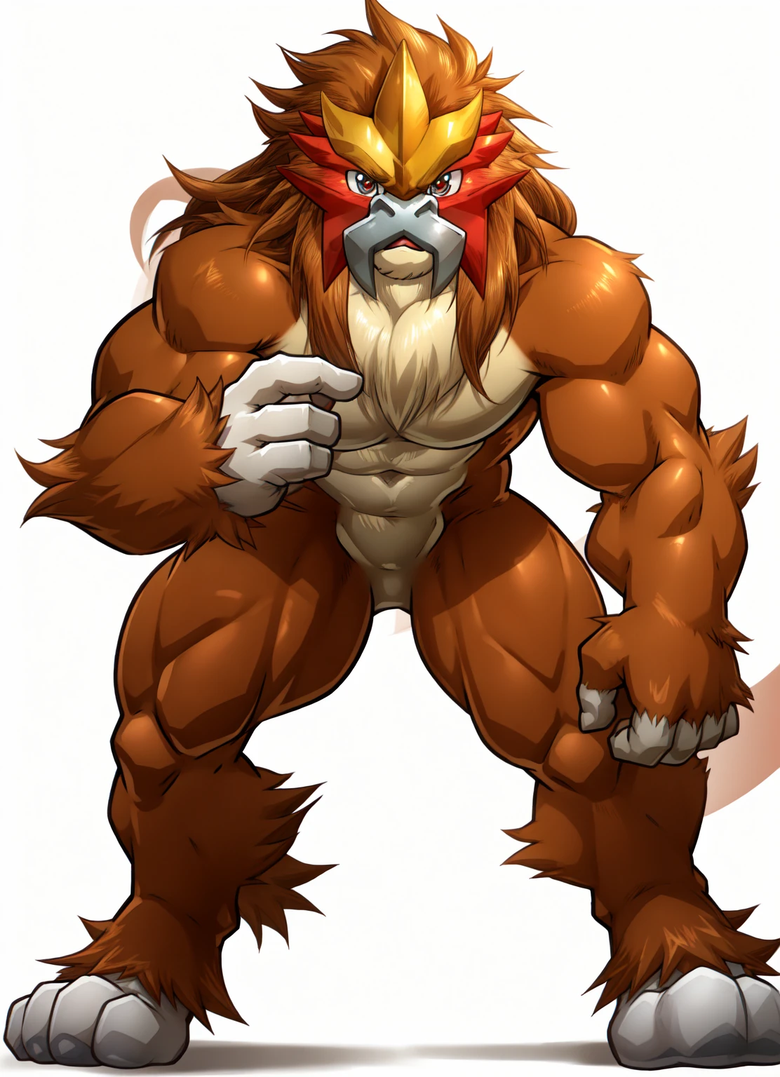 entei, full body,((entei(pokemon),male furry)), red eyes,muscular, (soft shading), 4k, hi res, five fingers, detailed hands, ((detailed face, (detailed eyes:1.3), detailed)), (((full body))),show legs,show feet,(by maldu,metokuron:1.1), solo, looking at viewer, 1boy, standing,((nude:1.7)), male focus, smile,white background