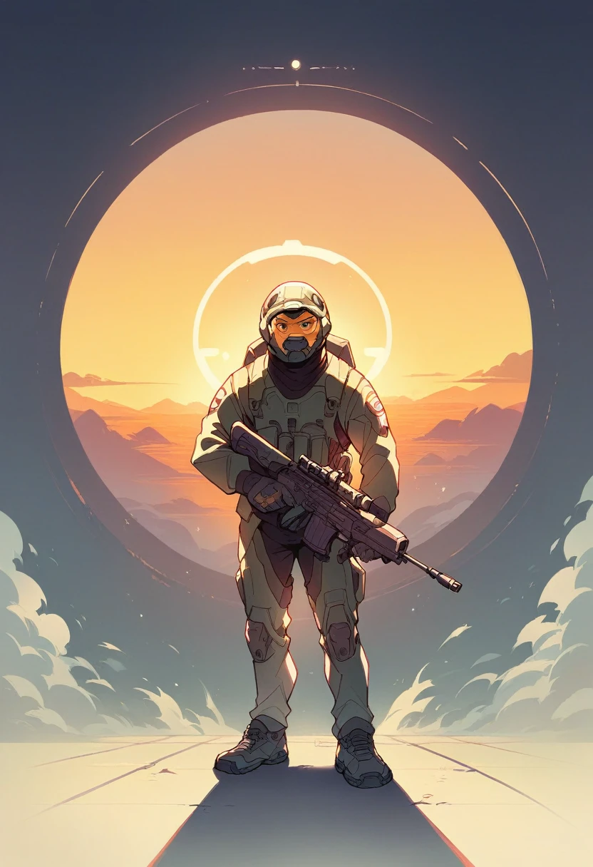 Master Chief,solo male,full body,sunrise light,halo background,holding assault rifle,looking at viewer,view from low,covenant spaceships in the back,masterpiece,high quality image 