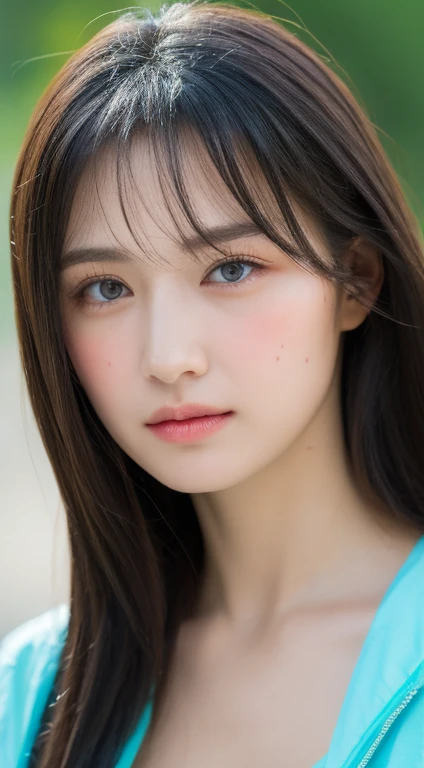 perfect figure beautiful woman：1.4，Layered Hair Style，Protruding cleavage：1.2，Wet clothes：1.5，Highly Detailed Face and Skin Textur，double eyelid，Whiten the skin，Long wet hair, green cyan eyes