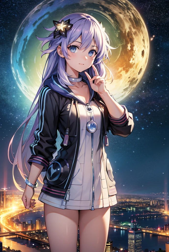  High resolution ,  masterpiece , The best quality, necessary, HD model,  tall details , High quality,  very detailed ,  Textured skin , UHD, foreground, Night city with sky full of stars with many colors, looking into infinity