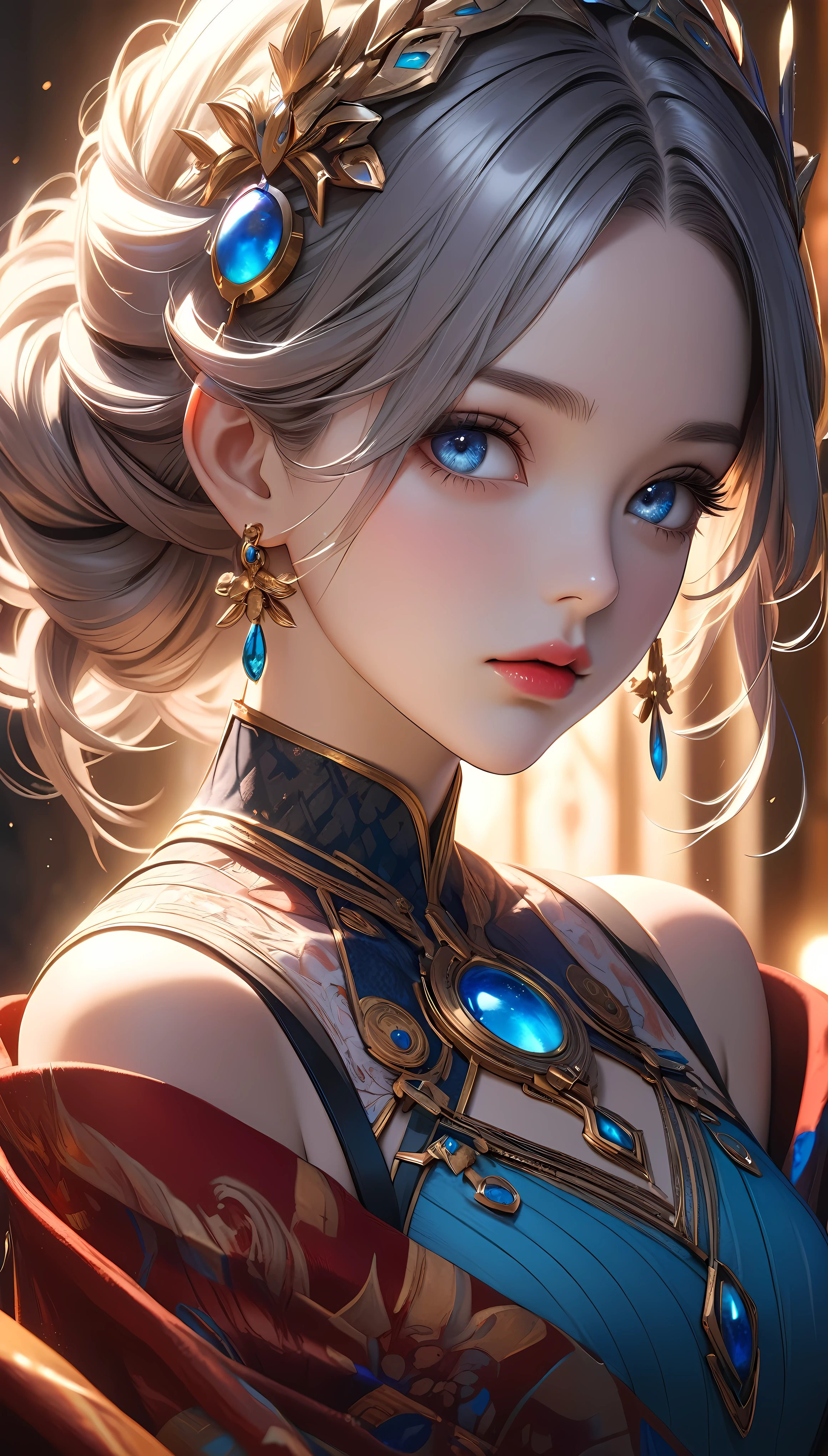 1 girl, solo, character "Atlas", beautiful detailed eyes, beautiful detailed lips, extremely detailed eyes and face, long eyelashes, intricate hairstyle, elegant dress, serene expression, detailed fabric textures, warm lighting, vibrant colors, cinematic composition, dramatic lighting, photorealistic, highly detailed, 8k, masterpiece