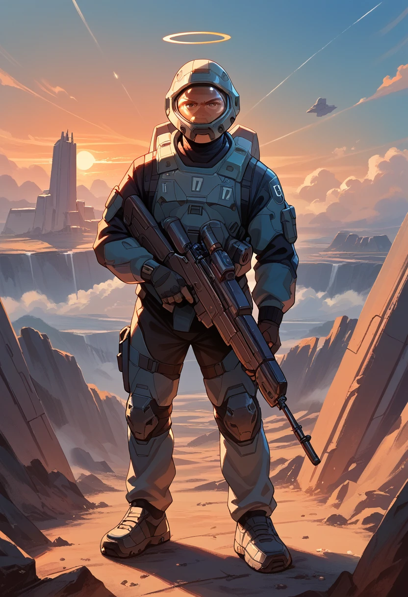 Master Chief,solo male,full body,sunrise light,halo background,holding assault rifle,looking at viewer,view from low,covenant spaceships in the back,masterpiece,high quality image 