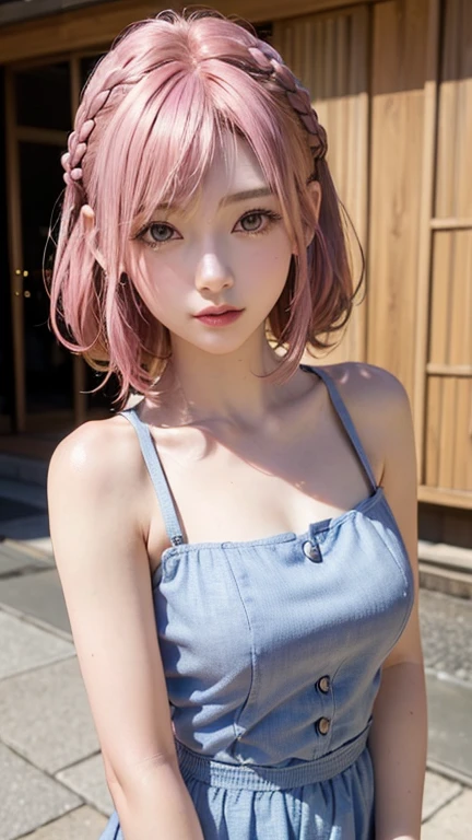 best qualityer, work of art, 1 girl, drlight smile, gazing at viewer, pink hair, shorth hair, citys, summer dress,cowboy shot, arms behind the back,