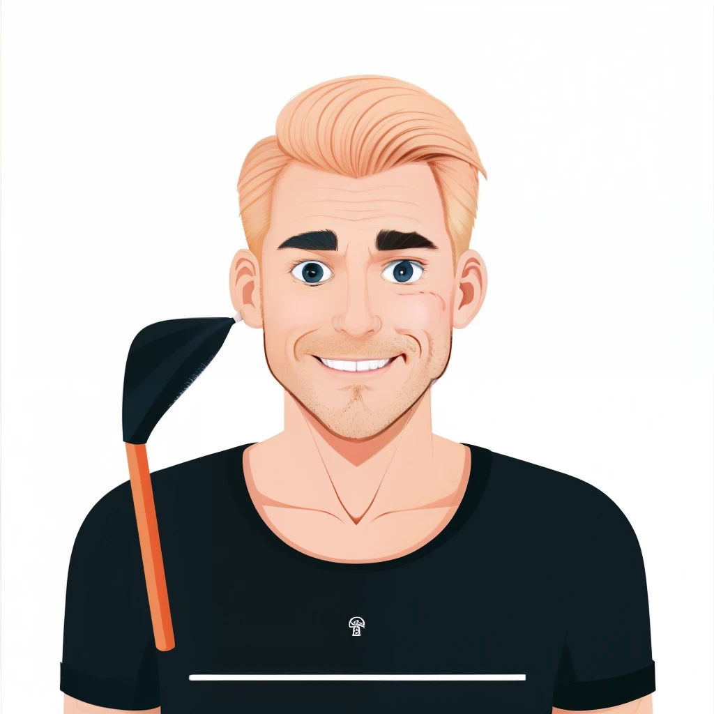 good review8, one (Illustration:1.5)  of a man with blond hair with a plunger on his head  , his face characterized by sharp outlines and animated expressions.  The work shows the subject wearing a stylish black t-shirt ,  adding a touch of modernity to the character's look .  lively and playful Created in a classic style  (2d cartoon style:1.5),  the work presents bold lines and vibrant colors , bringing the character to life. The white background highlights the focus on man , making him the center of attention in this delightful Illustration.