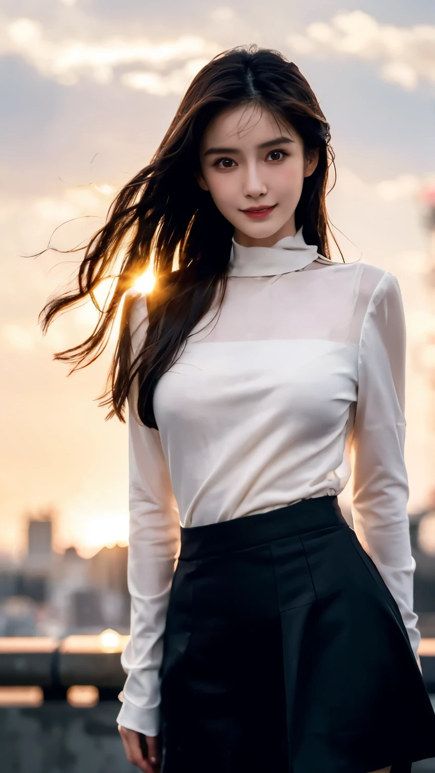 (Best Quality,masterpiece:1.3, ultra high resolution ),(super detailed, caustics,8k),( Photorealistic :1.4,RAW shooting),(Shrapnel),Japanese,23 years old,cute, in the center standing,( I'm smiling while looking at the camera ),Black hair Middle hair,Big Breasts, white blouse,Knee-length skirt,Strong winds, hair blown in the wind ,rooftop,Backlight,sunset,sunset sky, shot from the waist up, Face Focus , face,Natural Light