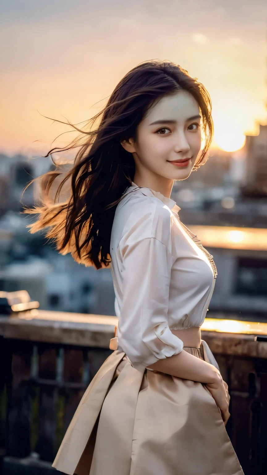 (Best Quality,masterpiece:1.3, ultra high resolution ),(super detailed, caustics,8k),( Photorealistic :1.4,RAW shooting),(Shrapnel),Japanese,23 years old,cute, in the center standing,( I'm smiling while looking at the camera ),Black hair Middle hair,Big Breasts, white blouse,Knee-length skirt,Strong winds, hair blown in the wind ,rooftop,Backlight,sunset,sunset sky, shot from the waist up, Face Focus , face,Natural Light