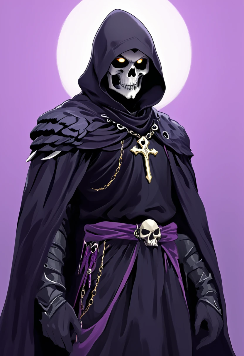 (dark fantasy).(realistic illustration:1.4). A male hooded shadow wraith, obsidian skin, a being of pure shadow. with violet eyes, ((obsidian skull face)), black armor, cross pendant, tall, imposing, ((with his raven bird))