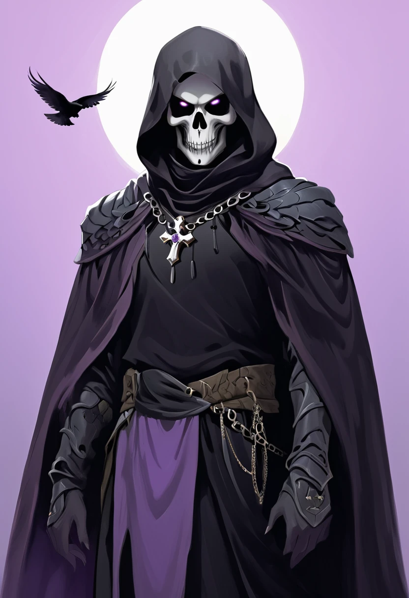 (dark fantasy).(realistic illustration:1.4). A male hooded shadow wraith, obsidian skin, a being of pure shadow. with violet eyes, ((obsidian skull face)), black armor, cross pendant, tall, imposing, ((with his raven bird))