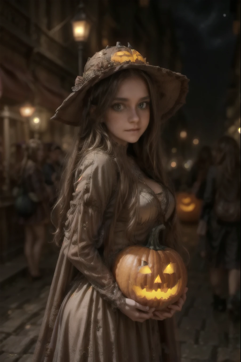 
A cute pumpkin queen, highly detailed face, beautiful detailed eyes, beautiful detailed lips, extremely detailed face, long eyelashes, pumpkin costume, pumpkin followers holding lanterns, city street at night, skyscrapers, street lamps, moon, fog, spooky atmosphere, cinematic lighting, vibrant colors, 8k, photorealistic, concept art. european pumpkin queen, cute pumpkin queen