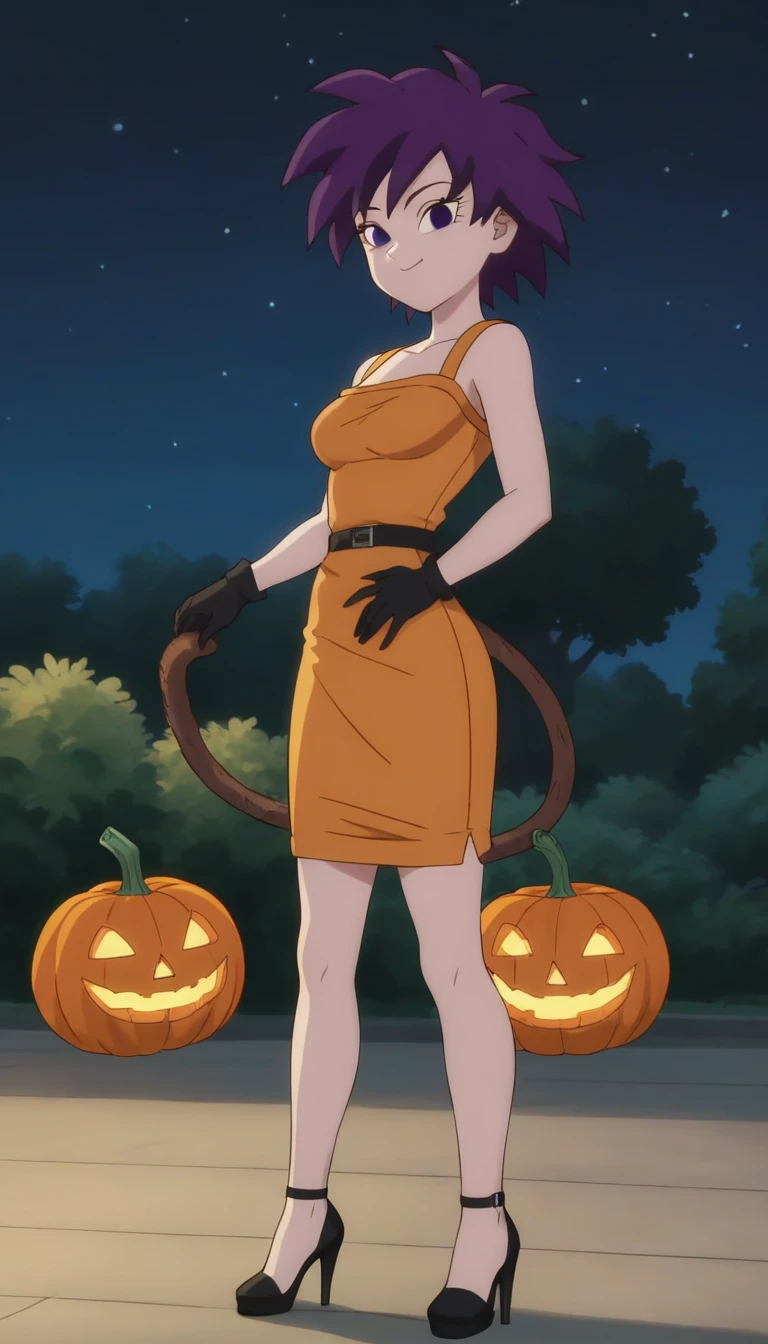 source_anime, score_9, score_8_up, score_7_up, anime screencap, absurd res, official style, gine, 1girl, solo, black hair, black eyes, closed mouth, bare shoulders, medium breast, a seductive smile, bare shoulders, black gloves, a orange strapless tube dress, collarbone, outdoors, depth of field, a garden with pumpkins, on Halloween night, purple skies, hand on hip, smile, black high heels, full body
