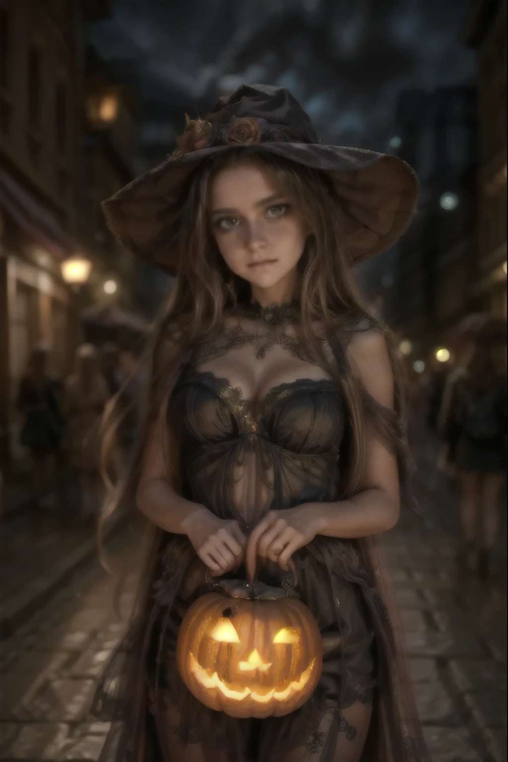 
A cute pumpkin queen, highly detailed face, beautiful detailed eyes, beautiful detailed lips, extremely detailed face, long eyelashes, pumpkin costume, pumpkin followers holding lanterns, city street at night, skyscrapers, street lamps, moon, fog, spooky atmosphere, cinematic lighting, vibrant colors, 8k, photorealistic, concept art. european pumpkin queen, cute pumpkin queen