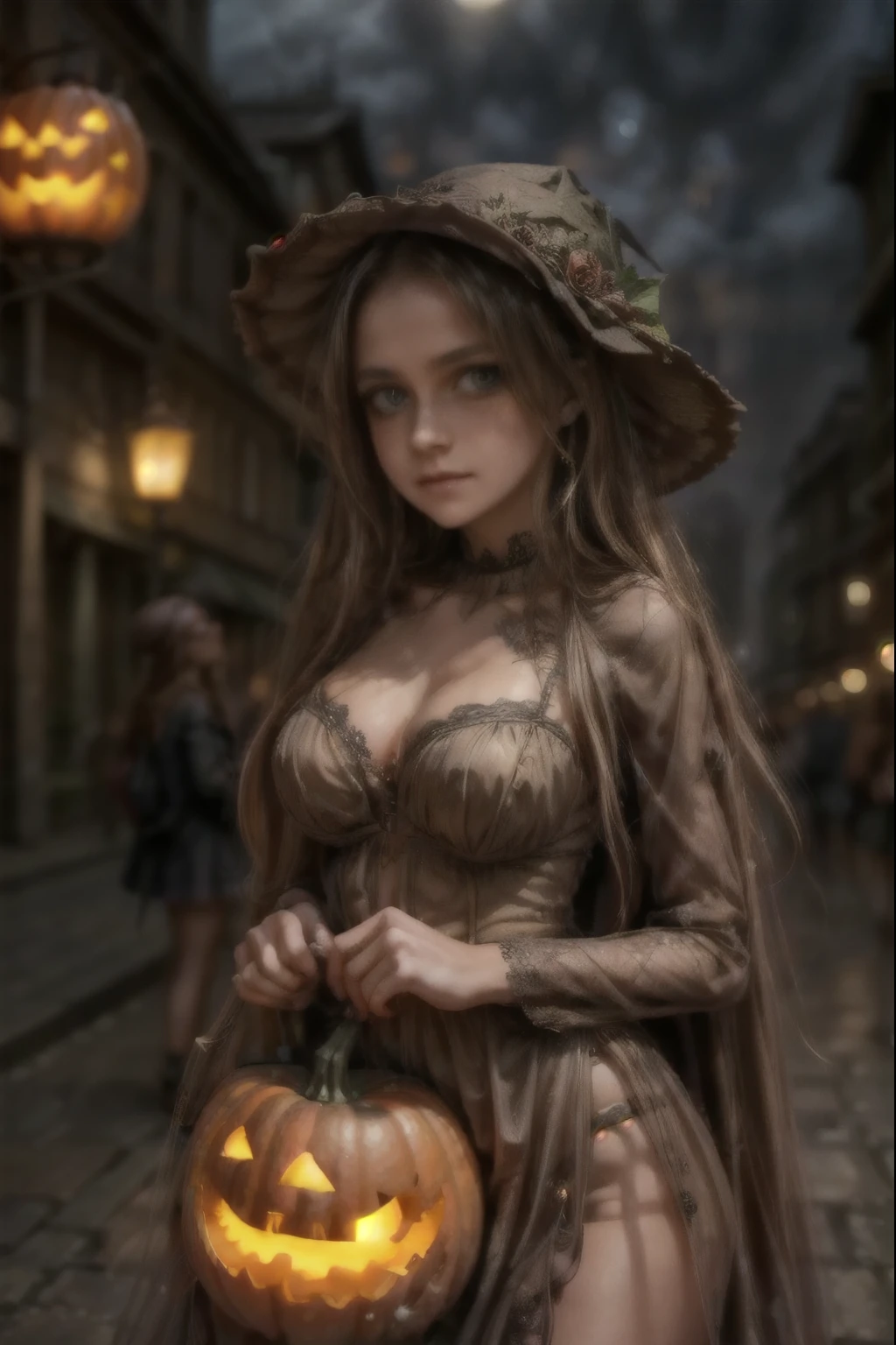 
A cute pumpkin queen, highly detailed face, beautiful detailed eyes, beautiful detailed lips, extremely detailed face, long eyelashes, pumpkin costume, pumpkin followers holding lanterns, city street at night, skyscrapers, street lamps, moon, fog, spooky atmosphere, cinematic lighting, vibrant colors, 8k, photorealistic, concept art. european pumpkin queen, cute pumpkin queen