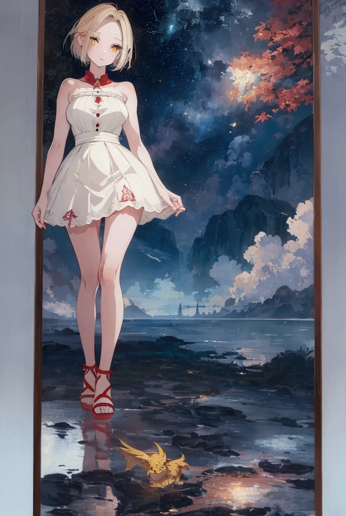 (( High resolution ,  tall details , High quality,  masterpiece )), 1 woman,  white skin, big yellow eyes,  short hair , limp, chestnut, long legs, short strapless and low-cut top, white color,  short blue skirt ,  red sandals ,(( full body view )).