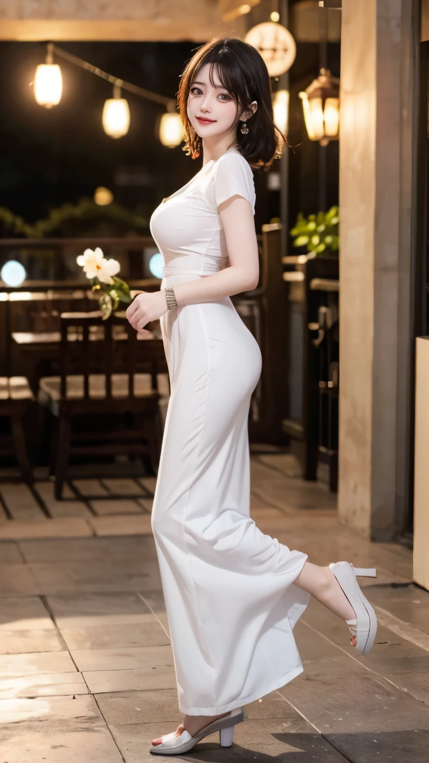 Shoot from a distance, 8k, Masterpiece, Photo brute, Best quality, photoreallistic, extremely detailed CG unity 8k wallpaper, profondeur de champ, cinematic light, Lens Flare, Ray Tracing, (extremely beautiful face, lovely lips, beaux yeux), intricate detail face, ((ultra detailed skin)) 1fille, Pretty Korean girl,(Serious smile:1.3), (sur un lit, ambient light, (blurred background)),(without people in the background:1.3), Beautiful earrings, Bracelets, yeux clairs, marche, (pale skinned), (Grands yeux), Face forward, (poils bruns), seins moyens, big hip, Whole body love, Huge breasts,Big cleavage, Long legs, lewd pose, The background is a balcony, behind is the city at night, small waist, wearing white Vietnamese dress, (full body:1.3).