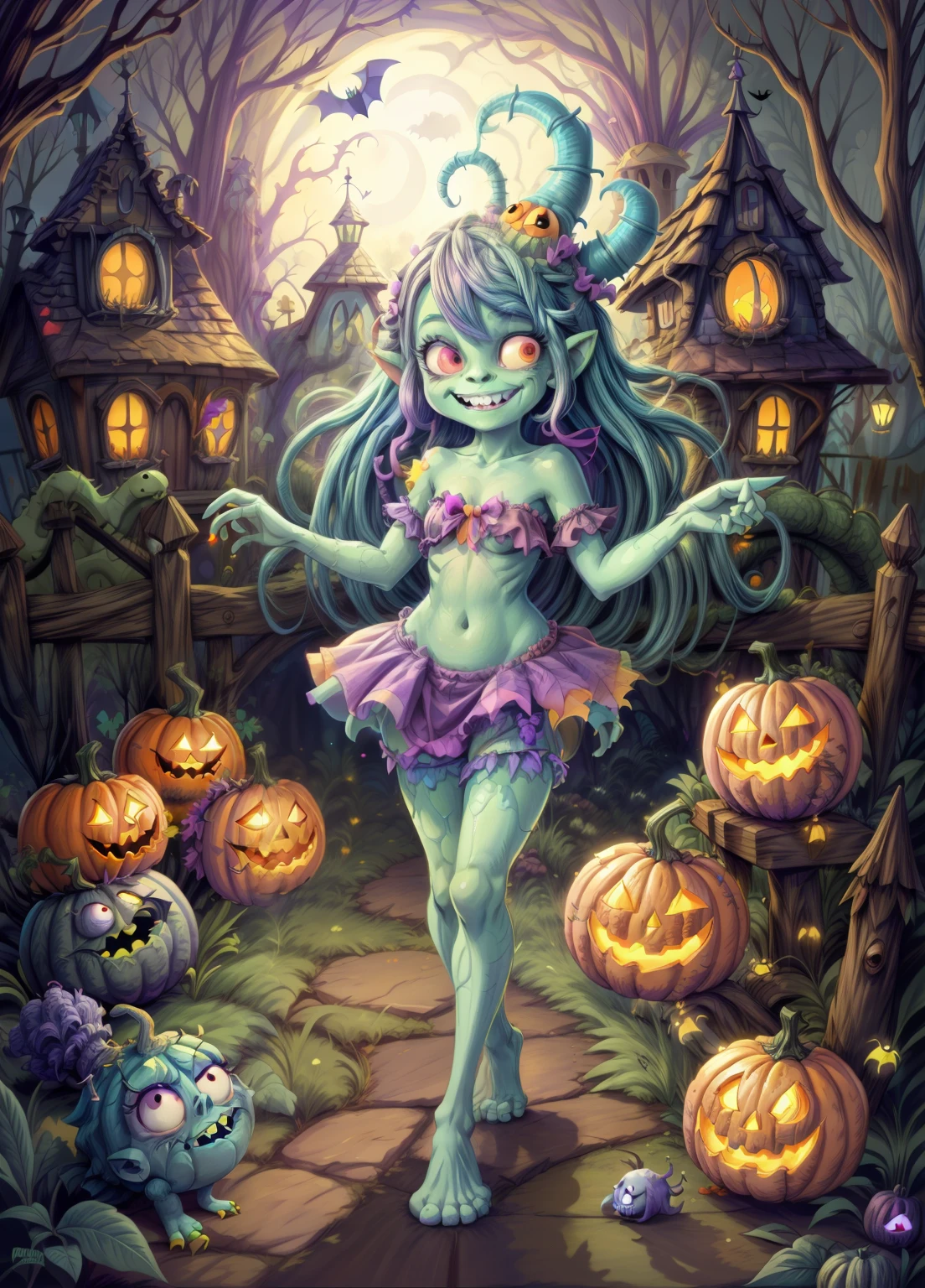 a cute smiling monster girl pose with monsters friends,adorable monster girl Halloween monster, cute and spooky monster, cute smiling monster girl, cute and wacky monster girl, adorable monster girl, monster girl with monster friends, monster girl with lots of cute and colorful little slimes, wacky monster, monster creature, monster girl with big eyes, monster girl with colorful hair, monster girl in a playful pose, monster boy with a friendly expression, playful monster, cute monster character, bright colors, pastel colors, soft lighting, fantasy art, digital painting, Artstation quality, 8k, highly detailed, intricate details, clean lines, smooth shading, painting style, happy Halloween