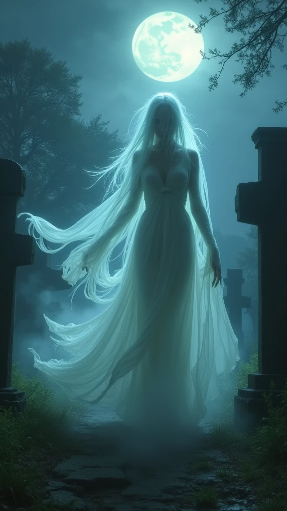 A spectral apparition, translucent and ethereal, gliding through a moonlit graveyard, surrounded by swirling mist and ancient tombstones, exuding a haunting beauty.