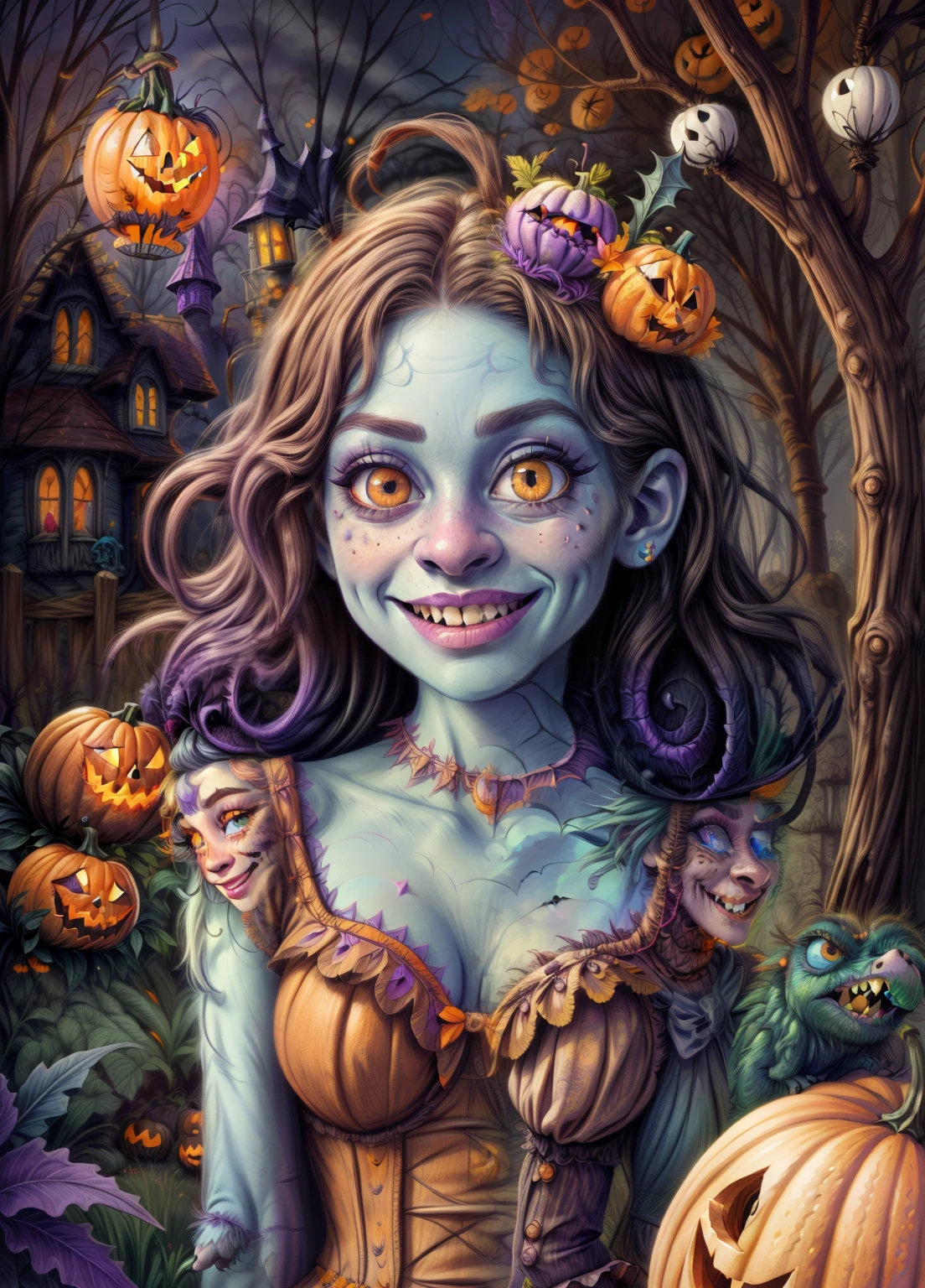 cute monster girl, adorable monster, 1girl, beautiful detailed face, beautiful detailed eyes, beautiful detailed lips, long eyelashes, smiling, happy expression, monster friends, Halloween, colorful, vibrant colors, fantasy, digital painting, concept art, highly detailed, 8k, photorealistic, masterpiece, award winning