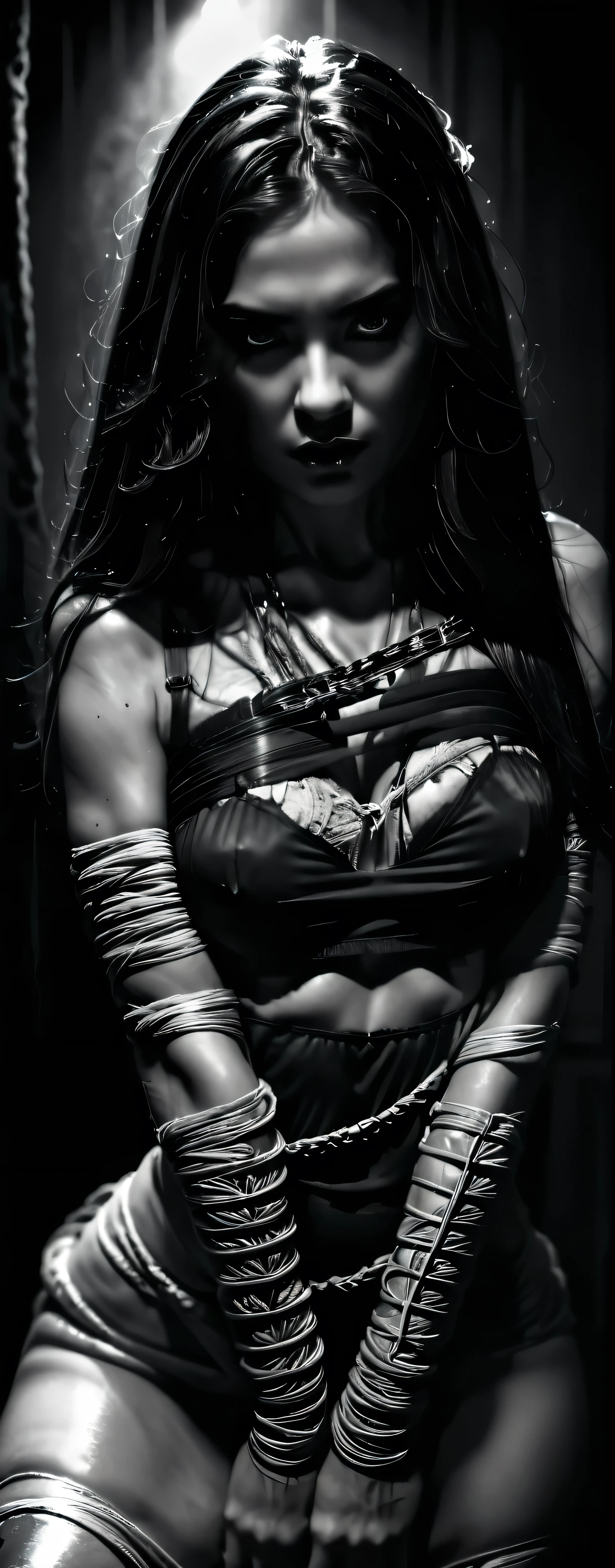 1girl, (erotic mummified outfit), beautiful detailed eyes, long eyelashes, restrained pose, ((intricate bandage wraps)),(whole body is erotically wrapped in bandages), pleading expression, dramatic lighting, dark moody atmosphere, cinematic composition, high quality, 32k, hyper detailed, masterpiece, photorealistic, dark fantasy, dramatic shadows, black and white colors