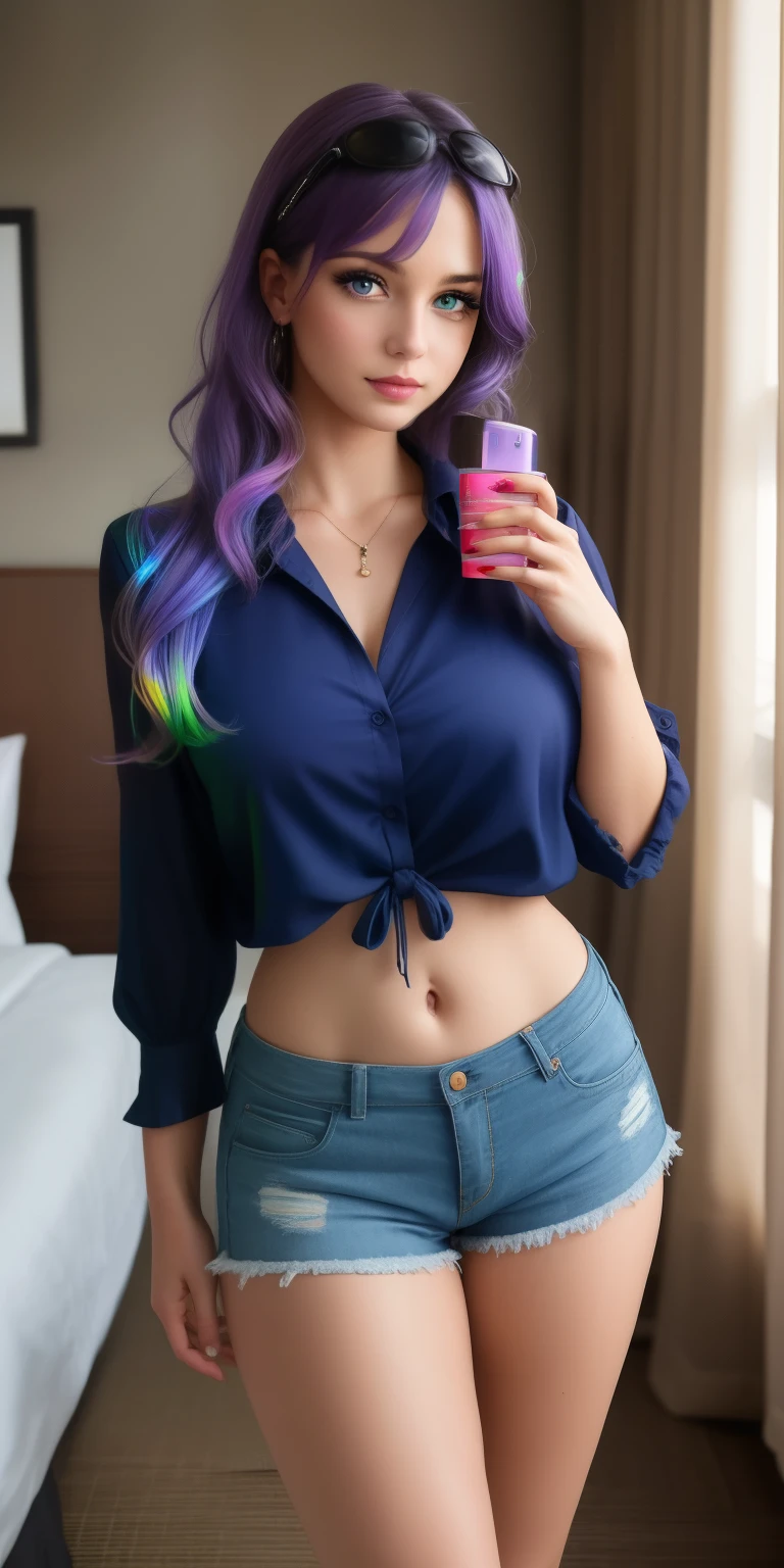 girl, purple hair, blue streak, green eyes, big eyes , expressive eyes, beautiful eyes, open blouse, without bra , shorts, victory pose, mystical colors , contemporary impressionism, iridescent hue, cute face, Ultra HD, HDR, 8k, (work of art), masterpiece , ultra high res, medium breasts , partially sampled breasts, inside a hotel room.