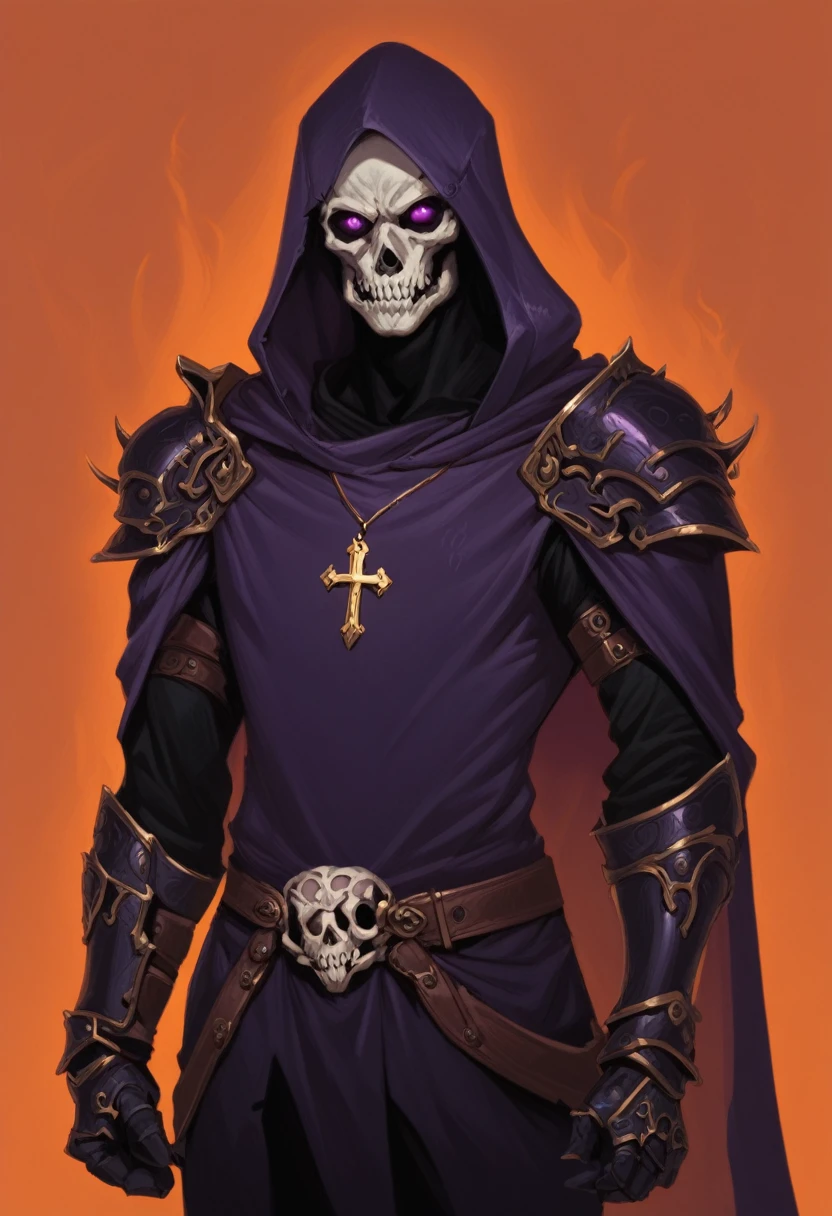 (dark fantasy).(realistic illustration:1.4). A male hooded shadow wraith, obsidian skin, a being of pure shadow. with violet eyes, ((obsidian skull face)), black armor, cross pendant, tall, imposing, ((with his raven bird))