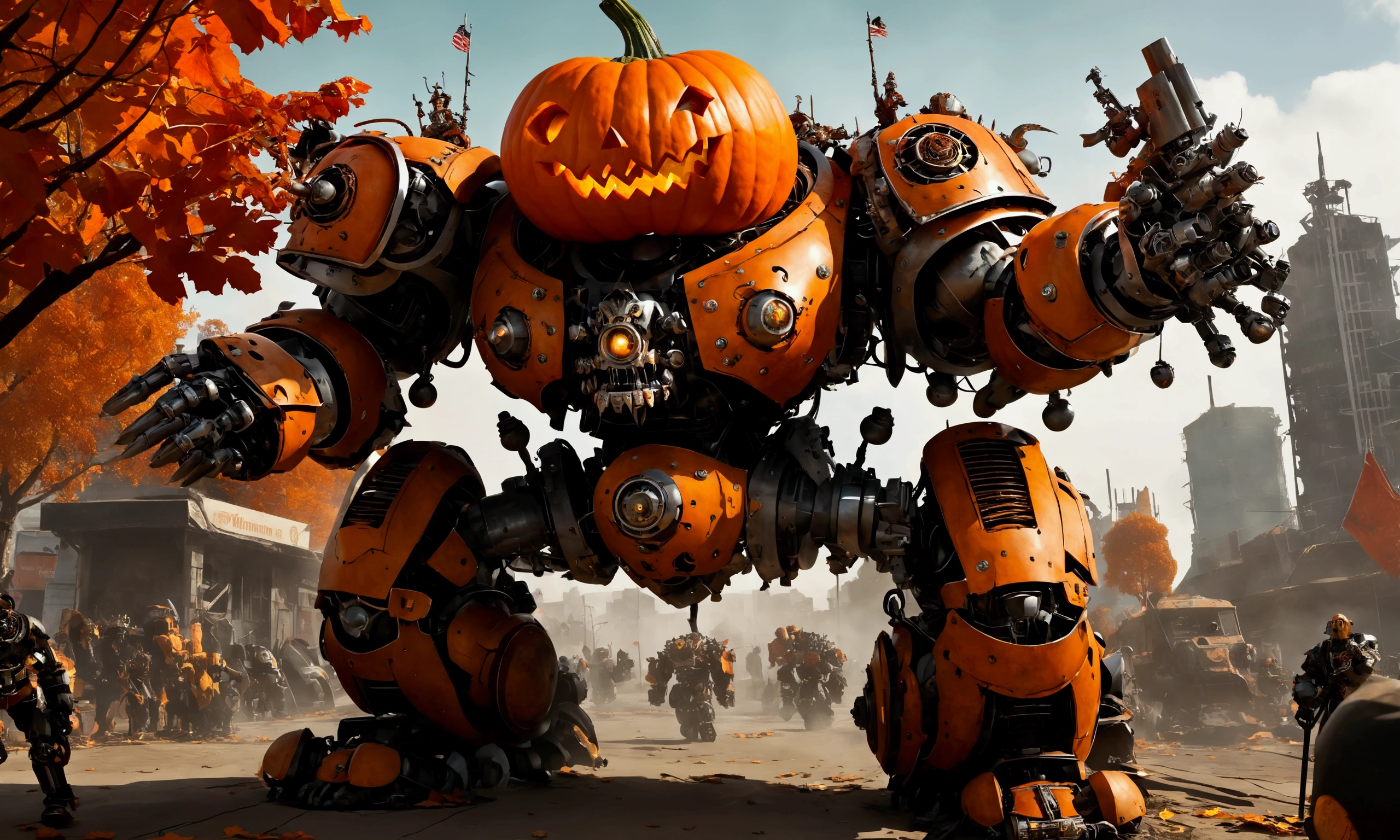 Warhammer 40k, An Ork army has built a Gargant (giant Orky assault robot) using scrap metal and pumpkins (scrap metal robot with heavy JackOLantern and pumpkin themes, huge guns and fighting hands) menacing on the horizon of the city