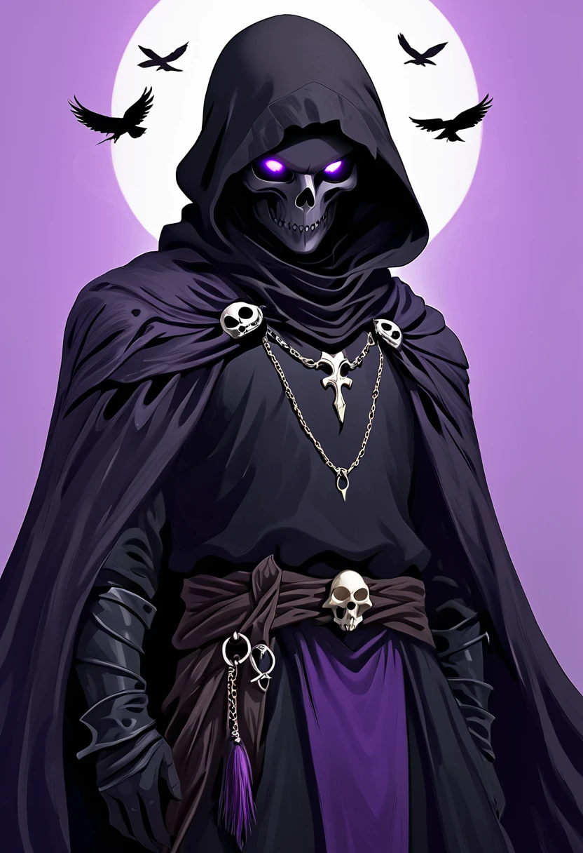 (dark fantasy).(realistic illustration:1.4). A male hooded shadow wraith, obsidian skin, a being of pure shadow. with violet eyes, ((obsidian skull face)), black armor, cross pendant, tall, imposing, ((with his raven bird))