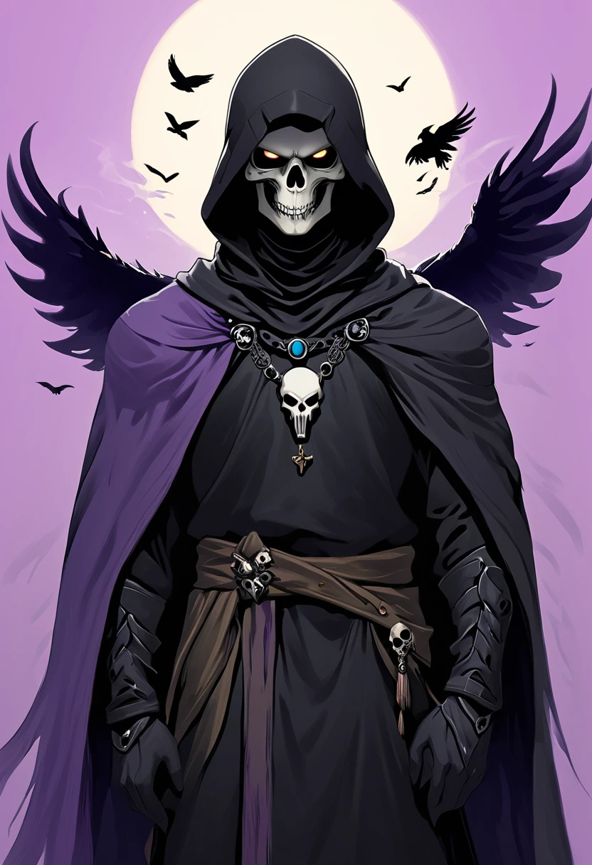 (dark fantasy).(realistic illustration:1.4). A male hooded shadow wraith, obsidian skin, a being of pure shadow. with violet eyes, ((obsidian skull face)), black armor, cross pendant, tall, imposing, ((with his raven bird))