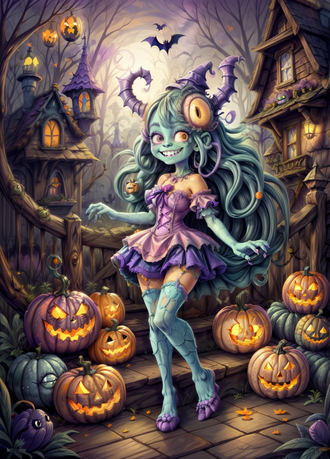 cute monster girl, adorable monster, 1girl, beautiful detailed face, beautiful detailed eyes, beautiful detailed lips, long eyelashes, smiling, happy expression, monster friends, Halloween, colorful, vibrant colors, fantasy, digital painting, concept art, highly detailed, 8k, photorealistic, masterpiece, award winning ,cute smiling monster bgirl, adorable monster girl Halloween monster, cute and spooky monster, cute smiling monster girl, cute and wacky monster girl, adorable monster girl, monster girl with monster friends, monster girl with lots of cute and colorful little slimes, wacky monster, monster creature, monster girl with big eyes, monster girl with colorful hair, monster girl in a playful pose, monster boy with a friendly expression, playful monster, cute monster character, bright colors, pastel colors, soft lighting, fantasy art, digital painting, Artstation quality, 8k, highly detailed, intricate details, clean lines, smooth shading, painting style, happy Halloween