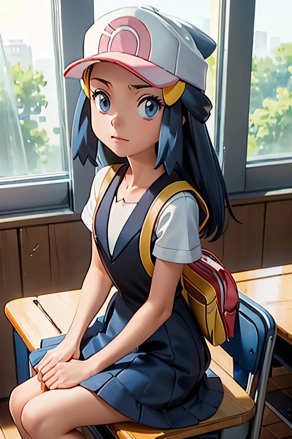 (masterpiece,newest,exceptional:1.2),1girl,pokemon trainer uniform,classroom, dawn \(pokemon\), sitting on the floor looking at her cell phone, sitting on a window sill, thoughtful