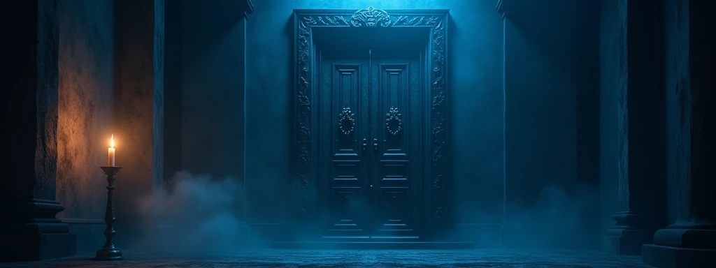 Dark blue filter effect, The huge, luxurious, and heavy door was closed. A faint light was leaking through the gap. A candle flame was burning in the candlestick. Smoke was drifting around.