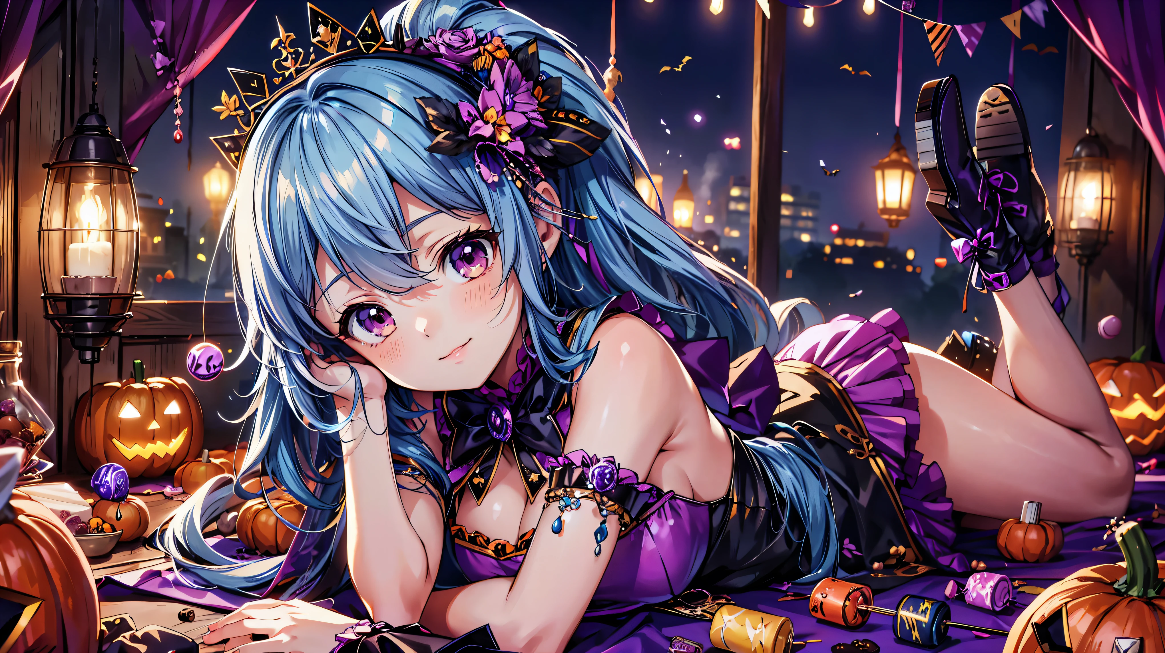 (( super high image quality )), ((Super detailed)), ((Best Quality)), Young woman,  Halloween , witch, witch's hat, lanthanum, 🎃, ((sweets, candy, cookie)), 
BREAK 
wavy hair, blue hair, happy smile, from side, lying, head tilt, (((Complete Hand))),  amazing digital paint , (anime moe art style:1.3),