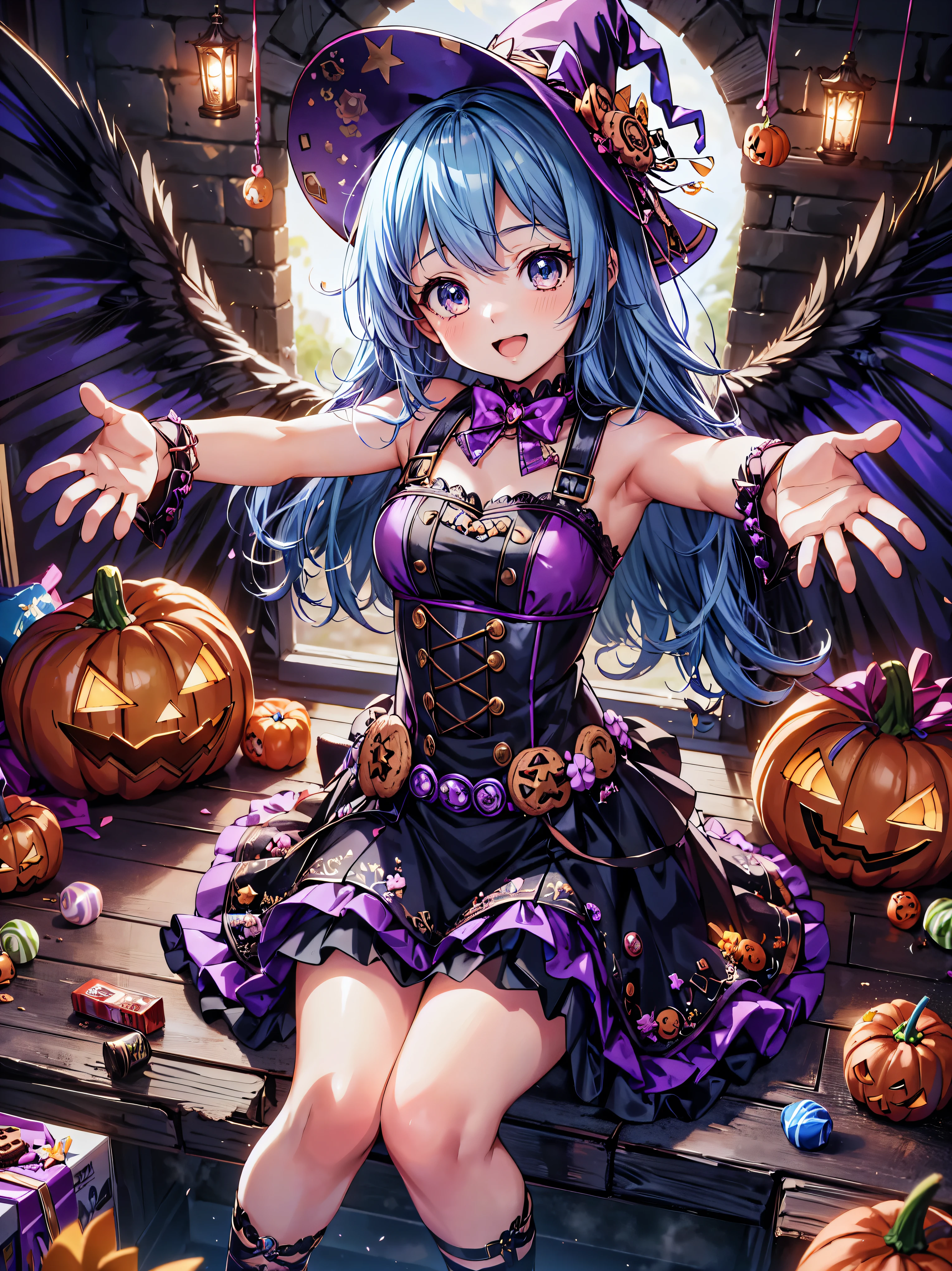 (( super high image quality )), ((Super detailed)), ((Best Quality)), Young woman,  Halloween , witch, witch's hat, lanthanum, 🎃, ((sweets, candy, cookie)), 
BREAK 
wavy hair, blue hair, happy smile, from front, sitting, head tilt, ((open arms for viewer)), (((Complete Hand))),  amazing digital paint , (anime moe art style:1.3),