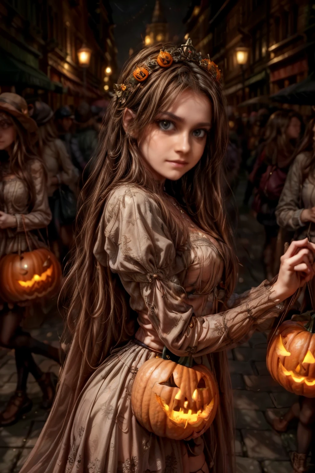  cute pumpkin queen, highly detailed face, beautiful detailed eyes, beautiful detailed lips, extremely detailed face, long eyelashes, pumpkin costume, pumpkin followers holding lanterns, city street at night, skyscrapers, street lamps, moon, fog, spooky atmosphere, cinematic lighting, vibrant colors, 8k, photorealistic, concept art. european pumpkin queen, cute pumpkin queen