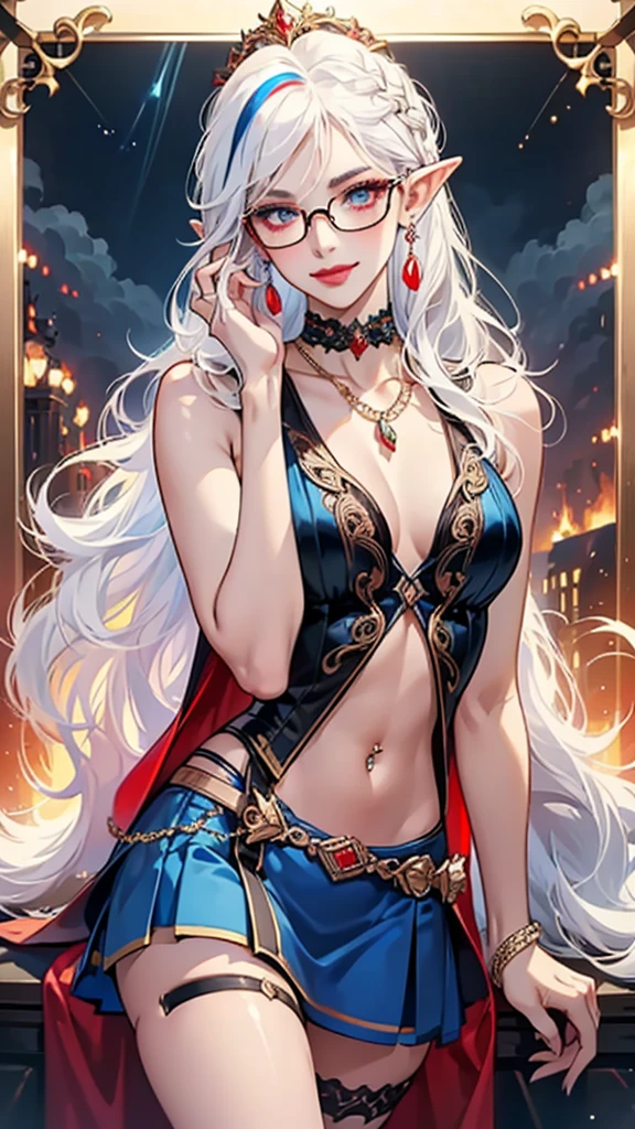 8k, masterpiece, best quality, highly detailed, 1 girl, elf, pointy ears, sorcerer, white hair, multicolored hair, long straight hair, red highlight hair on white hair, strippled hair, wearing glasses, round glasses, earrings, navel piercing, red eyeshadow, long eyelashes, blushed cheek, red lips, pearl necklace, rings, collarbone, mole on face, glamorous, gold and blue clothes, sleeveless, miniskirt, fishnet stocking, smirk, close up view, rings, looking at viewer, standing, strom, heavy weather, thunder, fantasy, medieval, hand toward viewer.