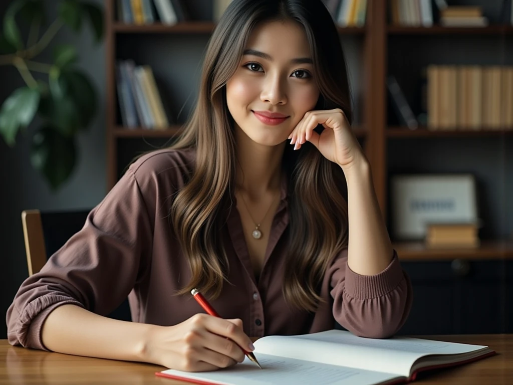 High image quality (8k image quality), high definition, outstanding work, appropriate subject depth, appropriate focus, Leica camera quality, RAW image quality, realistic、A woman studying at her desk、Detailed pupils, detailed lips