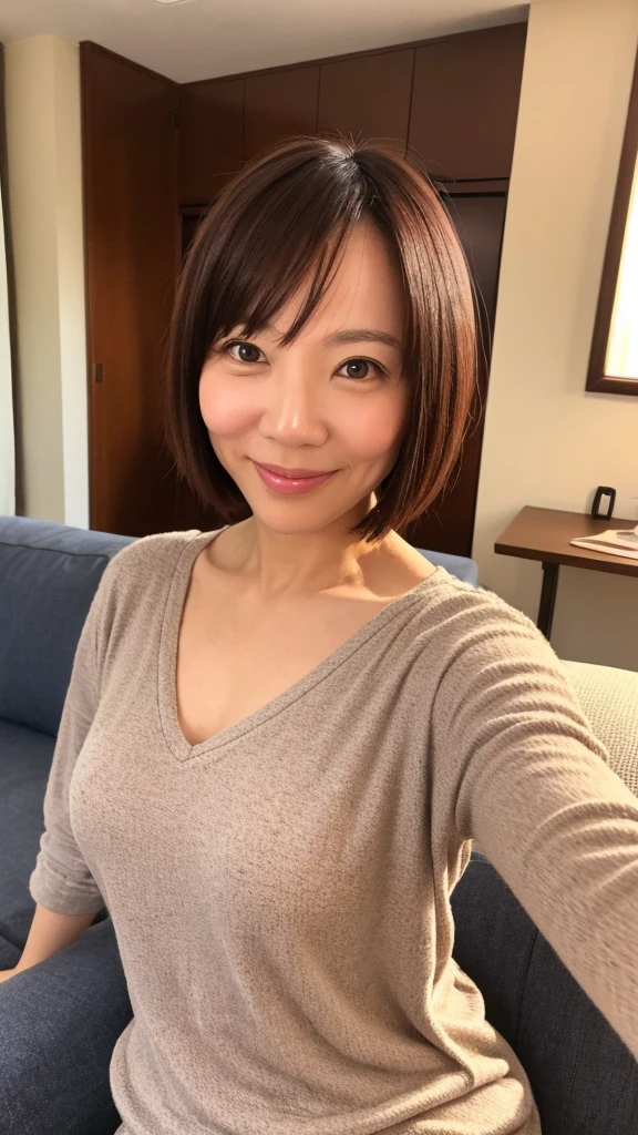 A Japanese woman around 45 years old, married, with fair skin, a short hairstyle, and a smile. She has a slightly plump figure and is casually dressed in loungewear. She is in the living room, looking straight at the camera as if taking a selfie.