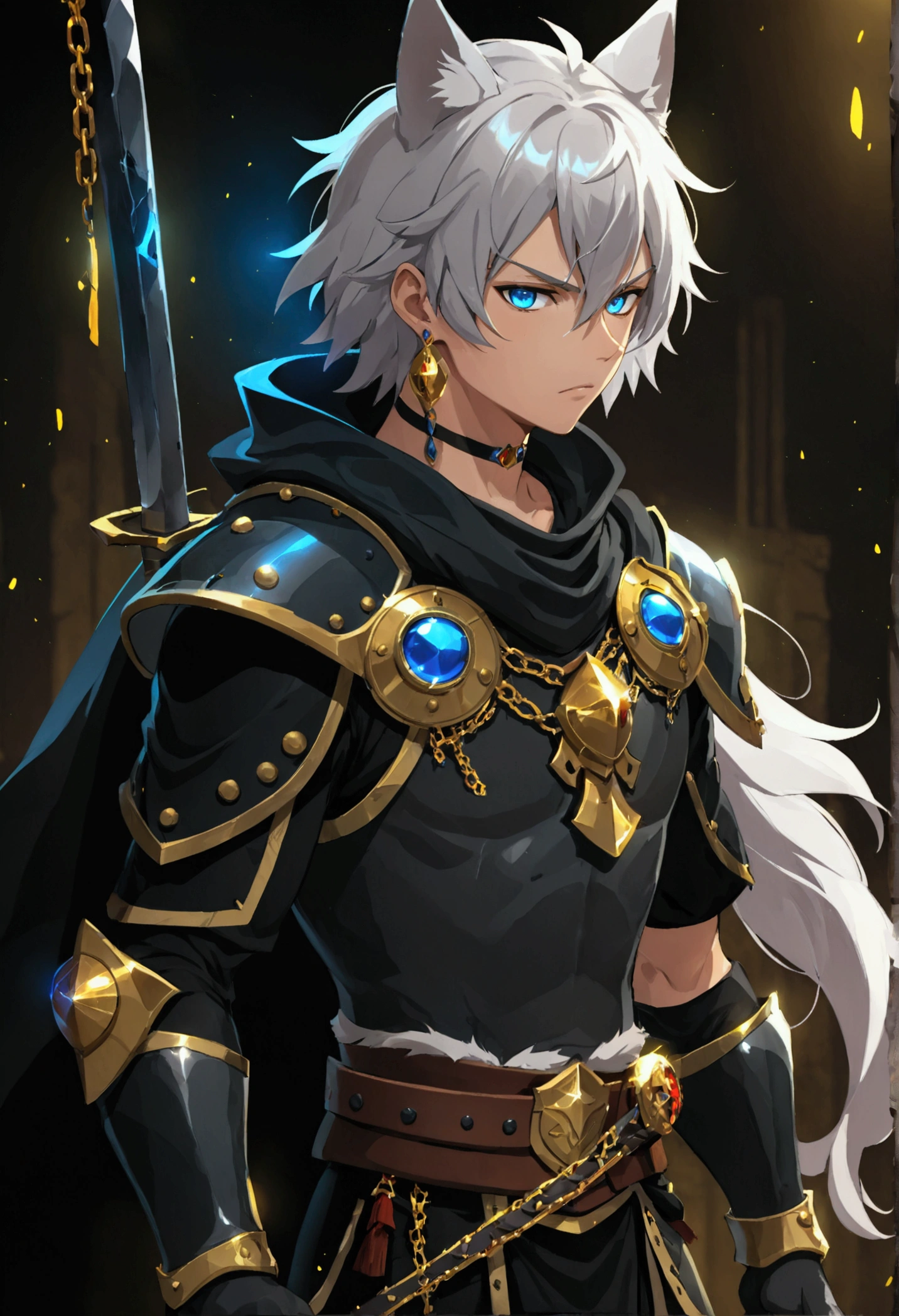 Medieval equipment of a shield, a sword and a breastplate, anime, dark black color, epic, (detailed head), 1boy male, magic particles, anime face, wolf ears, white skin human, full body, black boots, cinematic lighting, darkness, group character, golden ornaments, chains, earrings, old warrior, shiny obsidian armor and golden bore details, black belt, scars, focused, newly built Egyptian style magic background, strong, ready for battle, magical, masculine, warrior stance, muscular, slim, blue eyes, standing, ancient warrior, lots of body hair, big hands, (Medieval) black sword and golden edge, ((Anime character design)), ((Dramatic studio lighting)), ((Fine lines)), ((Stunning character focus)), ((Highly detailed)), ((Stunning graphics)), ((Detailed strokes)), ((Atmospheric)), ((Blurred background)), ((Ultra-fine 2D design)), ((Creative scenery)), ((Highly detailed anime painting)), ((Best quality 2D strokes)), ((Best quality)), ((Sharp focus)), ((High-octane rendering)), ((8K anime style)), ((Full body))